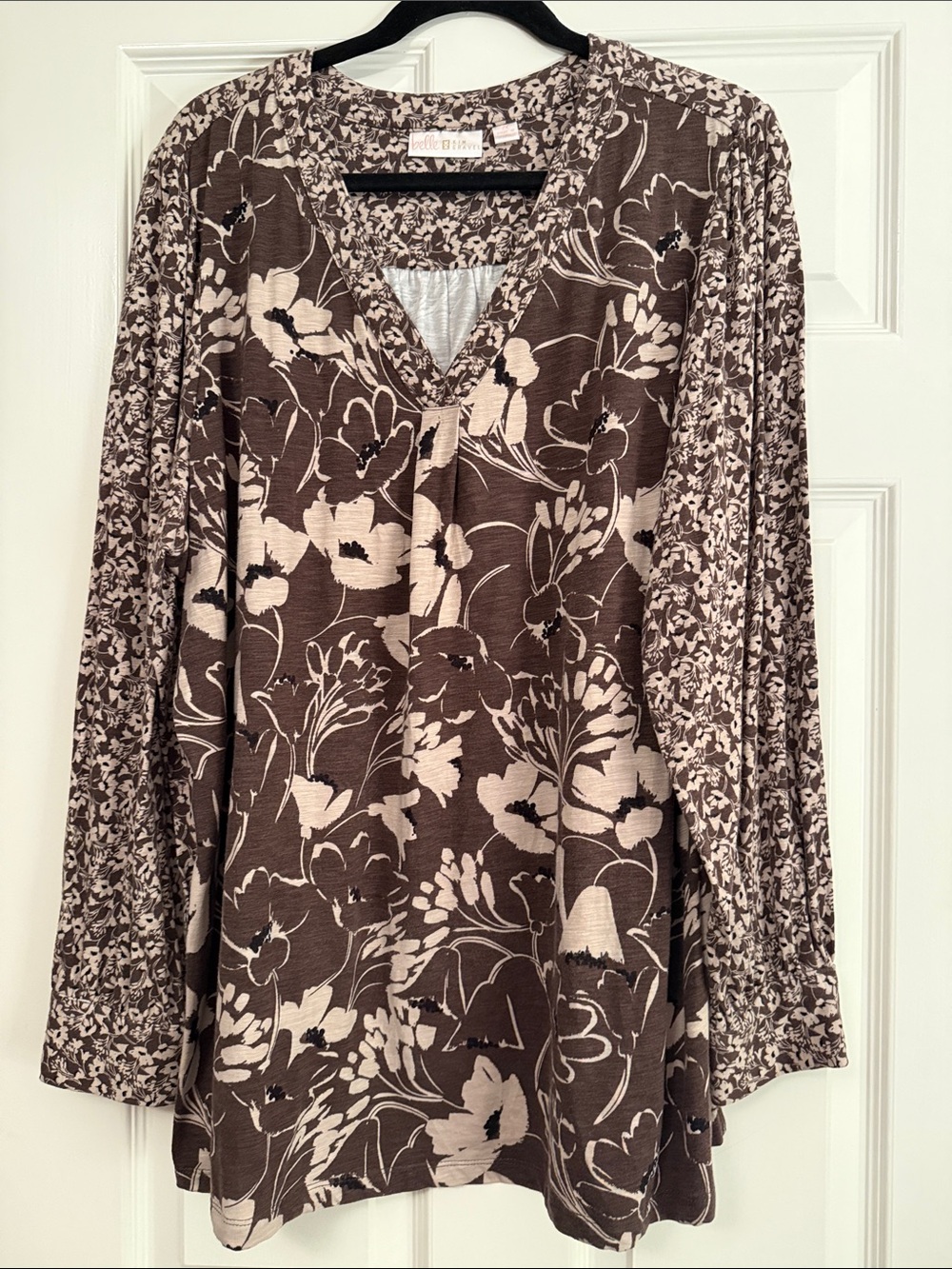 Belle by Kim Gravel Brown and Cream Floral V-Neck Tunic Blouse